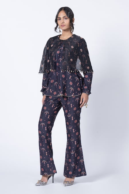 Kyross_Black Silk, Chanderi Sequins Round Neck Floral Jaal Embroidered Peplum Top Set _at_Aza_Fashions