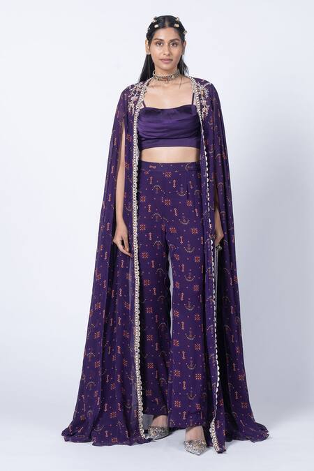 Kyross_Purple Georgette, Satin Sequins, Beads, Butta Printed Cape And Flared Pant Set _Online_at_Aza_Fashions