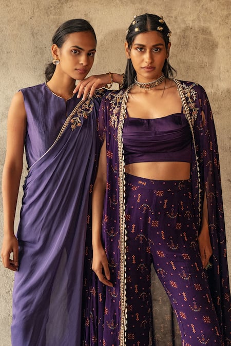 Buy_Kyross_Purple Georgette, Satin Sequins, Beads, Butta Printed Cape And Flared Pant Set _Online_at_Aza_Fashions