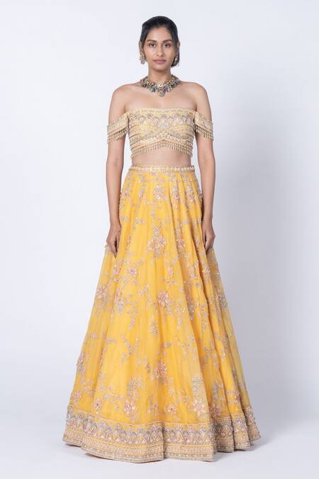 Kyross Yellow Silk, Tulle, Organza Sequins, Crystals, Floral Hand Lehenga Set Online at Aza Fashions Kyross_Yellow Silk, Tulle, Organza Sequins, Crystals, Floral Hand Lehenga Set _Online_at_Aza_Fashions