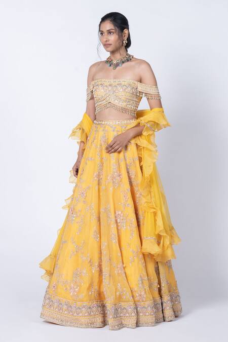 Buy Kyross Yellow Silk, Tulle, Organza Sequins, Crystals, Floral Hand Lehenga Set Online at Aza Fashions Buy_Kyross_Yellow Silk, Tulle, Organza Sequins, Crystals, Floral Hand Lehenga Set _Online_at_Aza_Fashions