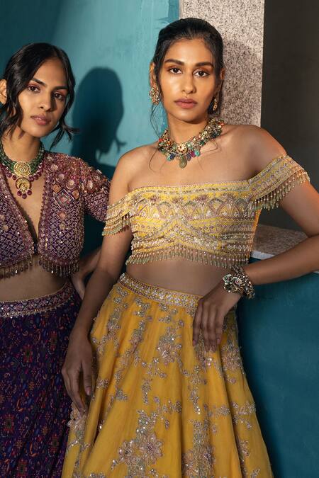 Shop Kyross Yellow Silk, Tulle, Organza Sequins, Crystals, Floral Hand Lehenga Set Online at Aza Fashions Shop_Kyross_Yellow Silk, Tulle, Organza Sequins, Crystals, Floral Hand Lehenga Set _Online_at_Aza_Fashions
