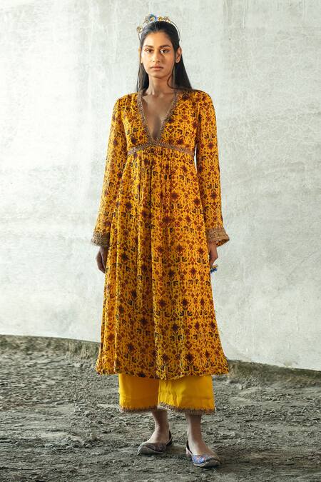 Buy Kyross Yellow Georgette Embroidery, Sequins Floral Jaal Print Kurta And Palazzo Set Online at Aza Fashions Buy_Kyross_Yellow Georgette Embroidery, Sequins Floral Jaal Print Kurta And Palazzo Set _Online_at_Aza_Fashions