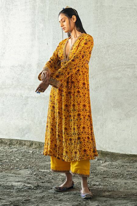 Shop Kyross Yellow Georgette Embroidery, Sequins Floral Jaal Print Kurta And Palazzo Set Online at Aza Fashions Shop_Kyross_Yellow Georgette Embroidery, Sequins Floral Jaal Print Kurta And Palazzo Set _Online_at_Aza_Fashions