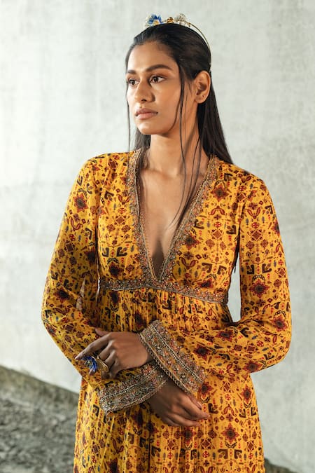 Kyross Yellow Georgette Embroidery, Sequins Floral Jaal Print Kurta And Palazzo Set at Aza Fashions Kyross_Yellow Georgette Embroidery, Sequins Floral Jaal Print Kurta And Palazzo Set _at_Aza_Fashions