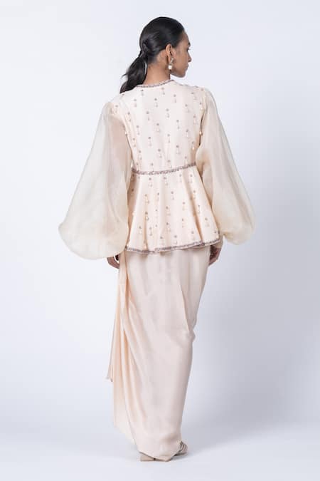 Kyross Ivory Silk Chanderi Peplum Top & Skirt Set 