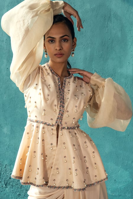Kyross Ivory , Satin Crystals, Beads, Stones Chanderi Peplum Top And Skirt Set Online at Aza Fashions Kyross_Ivory , Satin Crystals, Beads, Stones Chanderi Peplum Top And Skirt Set _Online_at_Aza_Fashions
