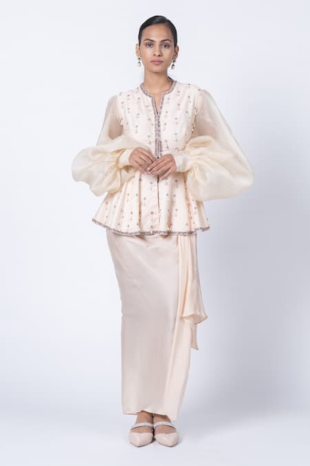 Shop Kyross Ivory , Satin Crystals, Beads, Stones Chanderi Peplum Top And Skirt Set Online at Aza Fashions Shop_Kyross_Ivory , Satin Crystals, Beads, Stones Chanderi Peplum Top And Skirt Set _Online_at_Aza_Fashions