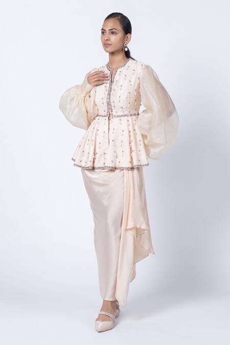 Kyross Ivory , Satin Crystals, Beads, Stones Chanderi Peplum Top And Skirt Set at Aza Fashions Kyross_Ivory , Satin Crystals, Beads, Stones Chanderi Peplum Top And Skirt Set _at_Aza_Fashions
