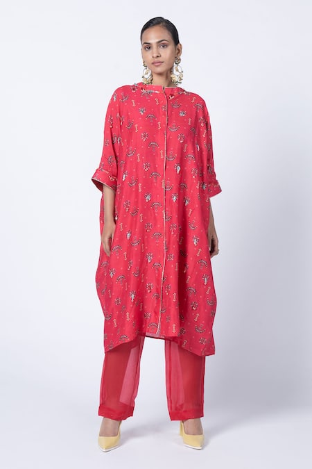 KYROSS Red Kaftan Silk Chanderi Printed Flower Jaal Band Collar Shirt And Pant Set 