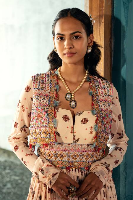 Shop_Kyross_Ivory Georgette, Silk Embroidery, Sequins Floral Jaal Print Anarkali With Gilet _Online_at_Aza_Fashions