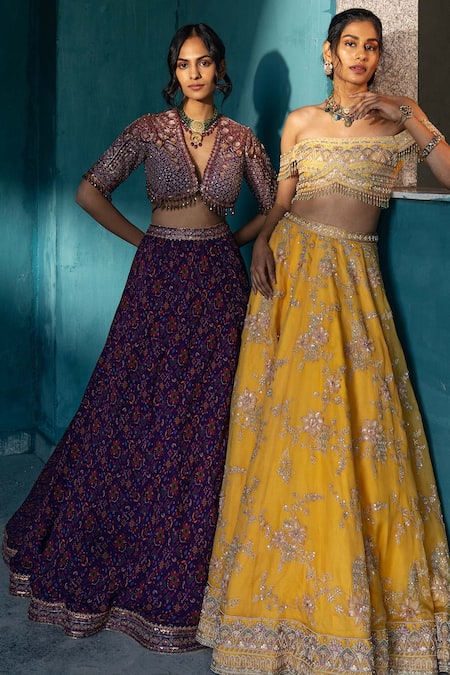 Kyross_Purple Silk, Chanderi, Georgette Crystals Plunge Floral Jaal Print Lehenga Set _Online_at_Aza_Fashions