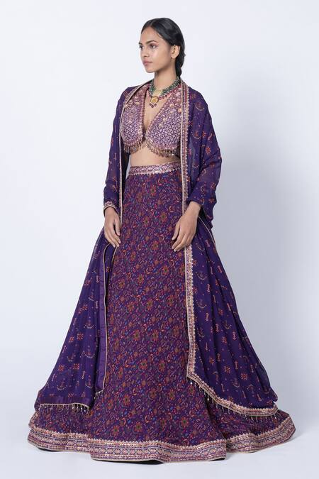 Buy_Kyross_Purple Silk, Chanderi, Georgette Crystals Plunge Floral Jaal Print Lehenga Set _Online_at_Aza_Fashions