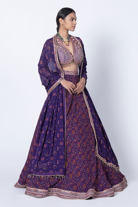 Shop_Kyross_Purple Silk, Chanderi, Georgette Crystals Plunge Floral Jaal Print Lehenga Set _Online_at_Aza_Fashions
