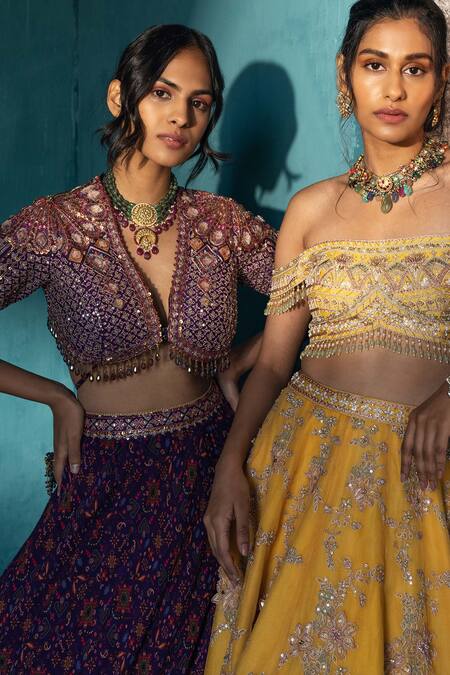 Kyross_Purple Silk, Chanderi, Georgette Crystals Plunge Floral Jaal Print Lehenga Set _at_Aza_Fashions