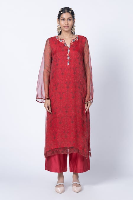 Kyross_Red Organza, Silk, Chanderi Cut Work Split V-neck Jaal Print Kurta And Palazzo Set _Online_at_Aza_Fashions