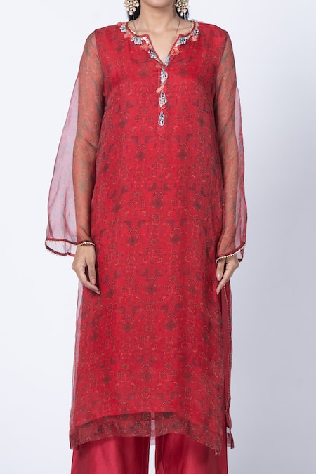 Buy_Kyross_Red Organza, Silk, Chanderi Cut Work Split V-neck Jaal Print Kurta And Palazzo Set _Online_at_Aza_Fashions