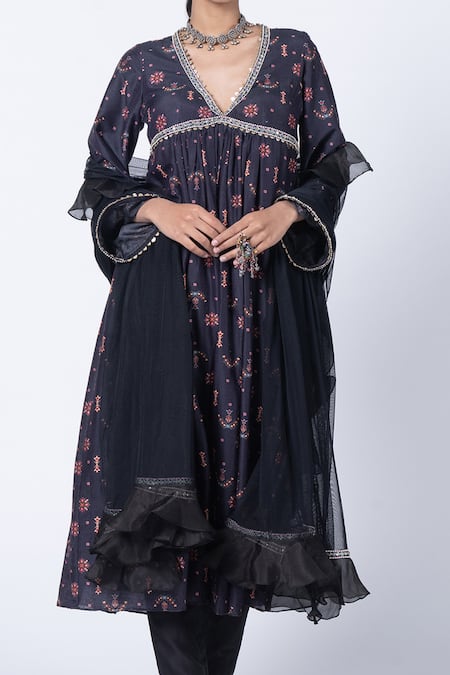Shop_Kyross_Black Silk, Chanderi, Tulle, Organza Sequins V-neck Buta Print Anarkali Set _Online_at_Aza_Fashions