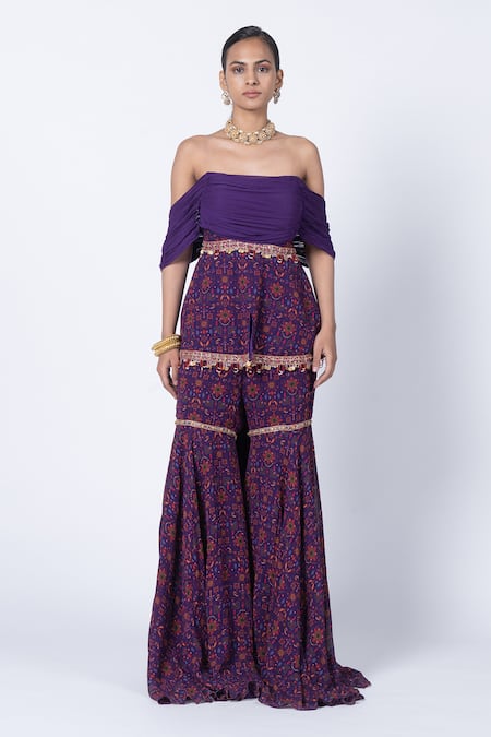 Kyross_Purple Georgette Tassels Off-shoulder Off Draped Peplum And Gharara Set _Online_at_Aza_Fashions