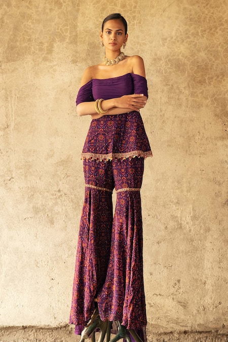 Buy_Kyross_Purple Georgette Tassels Off-shoulder Off Draped Peplum And Gharara Set _Online_at_Aza_Fashions