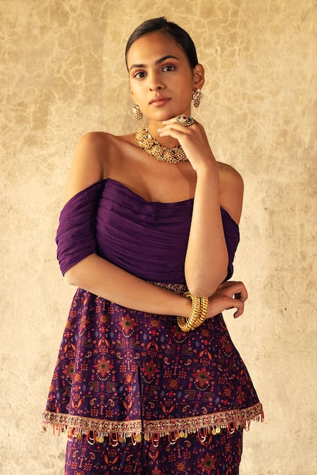 Shop_Kyross_Purple Georgette Tassels Off-shoulder Off Draped Peplum And Gharara Set _Online_at_Aza_Fashions