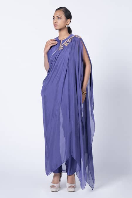 Shop Kyross Purple , Organza Embroidery Collared Kurta And Pant Set Online at Aza Fashions Shop_Kyross_Purple , Organza Embroidery Collared Kurta And Pant Set _Online_at_Aza_Fashions