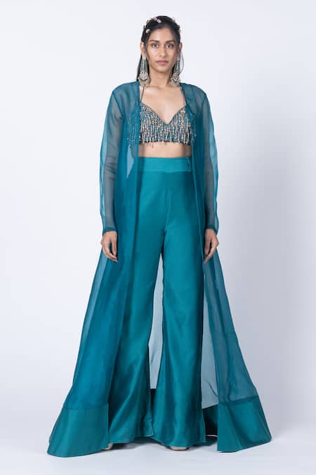 Kyross_Green Crepe, Organza, Organza, Crystals Cape And Flared Pant Set _Online_at_Aza_Fashions