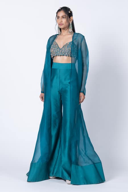 Buy_Kyross_Green Crepe, Organza, Organza, Crystals Cape And Flared Pant Set _Online_at_Aza_Fashions