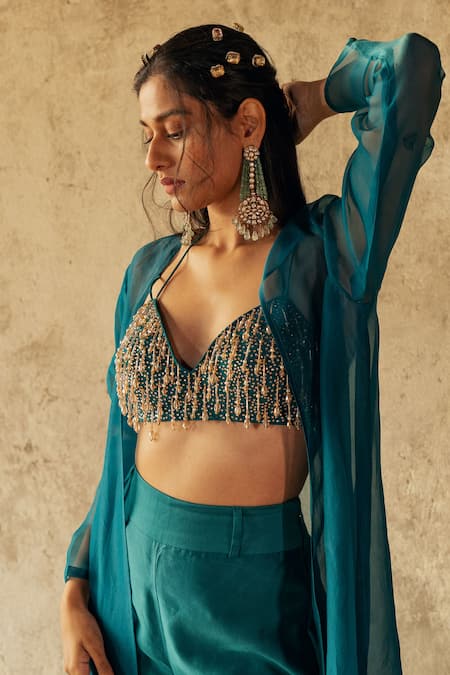 Shop_Kyross_Green Crepe, Organza, Organza, Crystals Cape And Flared Pant Set _Online_at_Aza_Fashions