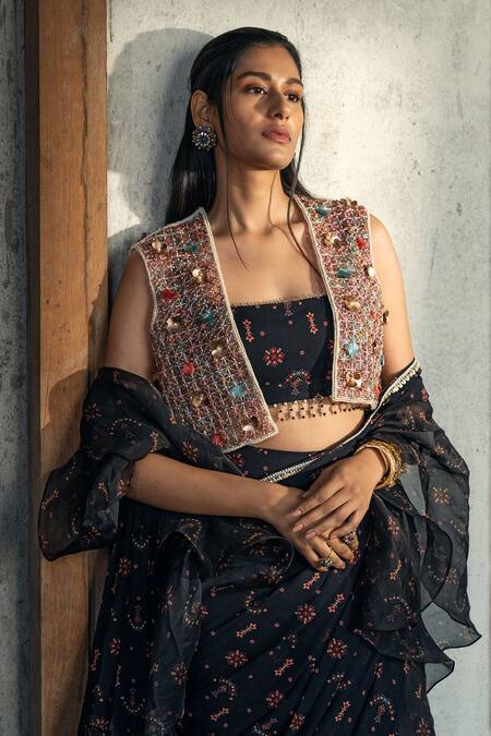 Shop_Kyross_Beige Tulle Embroidery Open Neck Crystal Gilet _at_Aza_Fashions