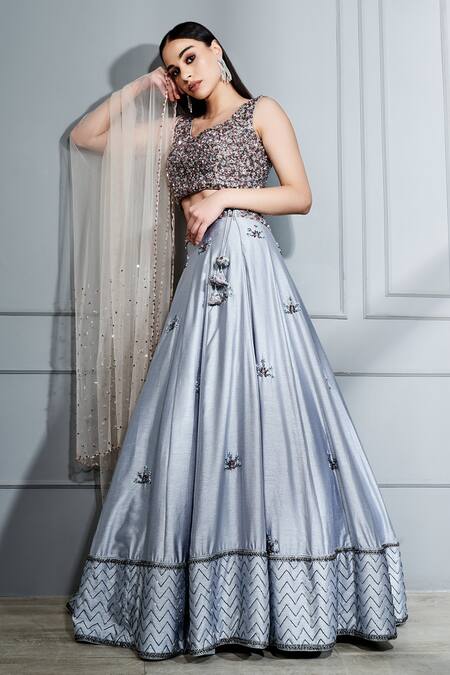 Sammohi By Moksha And Hiral Grey Silk, Tulle Crystals, Embroidery Round Neck Hand Blouse Lehenga Set Online at Aza Fashions Sammohi By Moksha And Hiral_Grey Silk, Tulle Crystals, Embroidery Round Neck Hand Blouse Lehenga Set _Online_at_Aza_Fashions