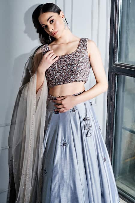Buy Sammohi By Moksha And Hiral Grey Silk, Tulle Crystals, Embroidery Round Neck Hand Blouse Lehenga Set Online at Aza Fashions Buy_Sammohi By Moksha And Hiral_Grey Silk, Tulle Crystals, Embroidery Round Neck Hand Blouse Lehenga Set _Online_at_Aza_Fashions