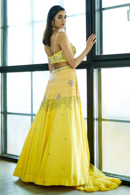 Shop Sammohi By Moksha And Hiral Yellow Silk, Tulle Sequins, Embroidery Hand Lehenga Set With Ruffle Dupatta at Aza Fashions Shop_Sammohi By Moksha And Hiral_Yellow Silk, Tulle Sequins, Embroidery Hand Lehenga Set With Ruffle Dupatta _at_Aza_Fashions