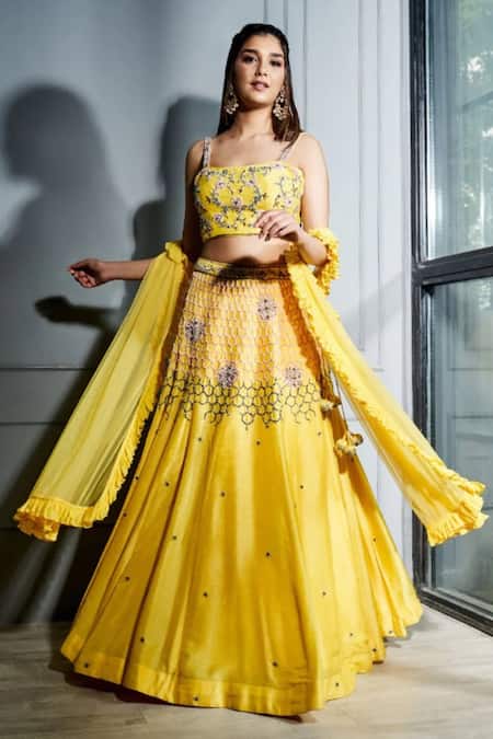 Sammohi By Moksha And Hiral Yellow Silk, Tulle Sequins, Embroidery Hand Lehenga Set With Ruffle Dupatta Online at Aza Fashions Sammohi By Moksha And Hiral_Yellow Silk, Tulle Sequins, Embroidery Hand Lehenga Set With Ruffle Dupatta _Online_at_Aza_Fashions