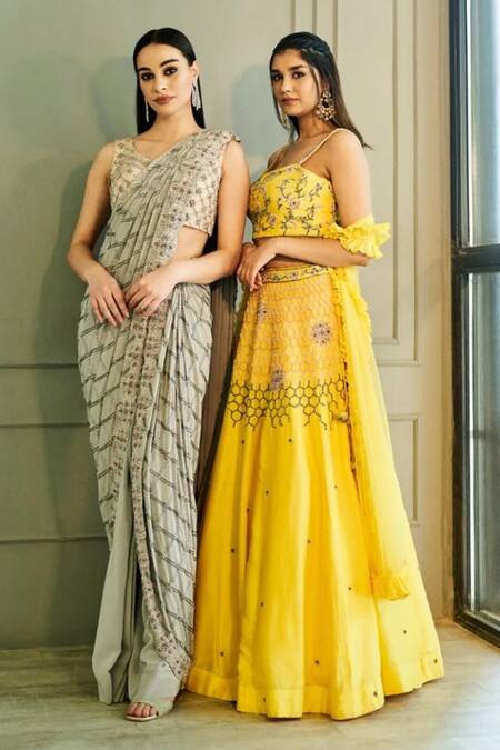 Buy Sammohi By Moksha And Hiral Yellow Silk, Tulle Sequins, Embroidery Hand Lehenga Set With Ruffle Dupatta Online at Aza Fashions Buy_Sammohi By Moksha And Hiral_Yellow Silk, Tulle Sequins, Embroidery Hand Lehenga Set With Ruffle Dupatta _Online_at_Aza_Fashions