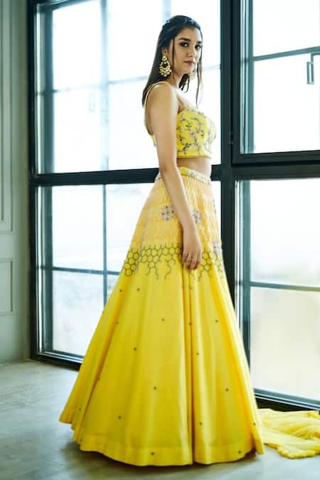 Shop Sammohi By Moksha And Hiral Yellow Silk, Tulle Sequins, Embroidery Hand Lehenga Set With Ruffle Dupatta Online at Aza Fashions Shop_Sammohi By Moksha And Hiral_Yellow Silk, Tulle Sequins, Embroidery Hand Lehenga Set With Ruffle Dupatta _Online_at_Aza_Fashions