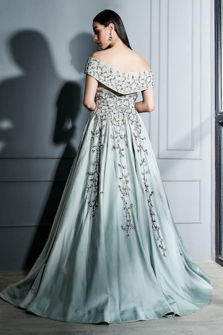 Shop Sammohi By Moksha And Hiral Grey Silk Satin Crystals One Shoulder Hand Embroidered Gown at Aza Fashions Shop_Sammohi By Moksha And Hiral_Grey Silk Satin Crystals One Shoulder Hand Embroidered Gown _at_Aza_Fashions
