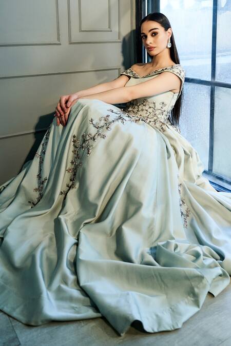 Buy Sammohi By Moksha And Hiral Grey Silk Satin Crystals One Shoulder Hand Embroidered Gown Online at Aza Fashions Buy_Sammohi By Moksha And Hiral_Grey Silk Satin Crystals One Shoulder Hand Embroidered Gown _Online_at_Aza_Fashions