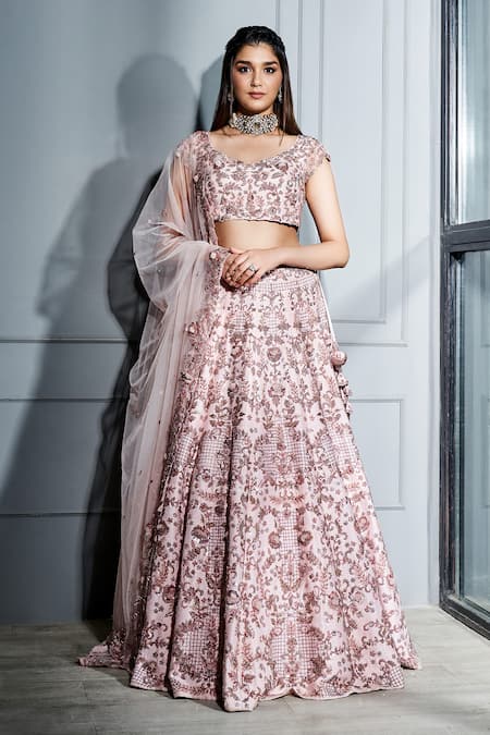 Sammohi By Moksha And Hiral Pink Silk, Tulle Embroidery Asymmetric Floral Hand Bridal Lehenga Set 