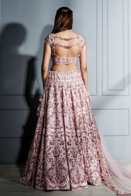 Shop Sammohi By Moksha And Hiral Pink Silk, Tulle Embroidery Asymmetric Floral Hand Bridal Lehenga Set at Aza Fashions Shop_Sammohi By Moksha And Hiral_Pink Silk, Tulle Embroidery Asymmetric Floral Hand Bridal Lehenga Set _at_Aza_Fashions