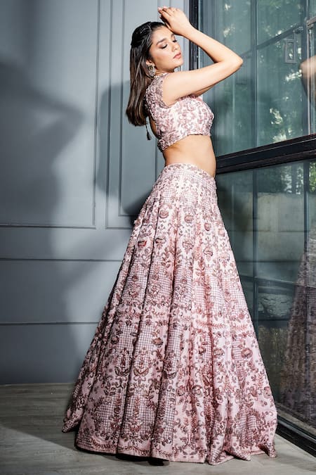 Shop Sammohi By Moksha And Hiral Pink Silk, Tulle Embroidery Asymmetric Floral Hand Bridal Lehenga Set Online at Aza Fashions Shop_Sammohi By Moksha And Hiral_Pink Silk, Tulle Embroidery Asymmetric Floral Hand Bridal Lehenga Set _Online_at_Aza_Fashions