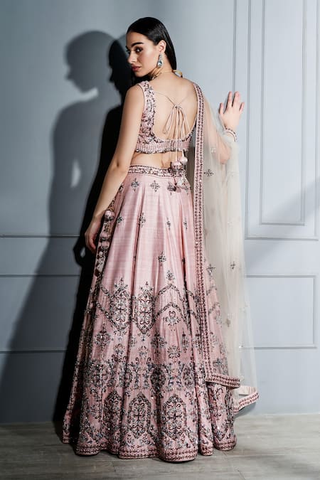 Shop Sammohi By Moksha And Hiral Pink Silk, Tulle Crystals Round Neck Hand Embroidered Bridal Lehenga Set at Aza Fashions Shop_Sammohi By Moksha And Hiral_Pink Silk, Tulle Crystals Round Neck Hand Embroidered Bridal Lehenga Set _at_Aza_Fashions