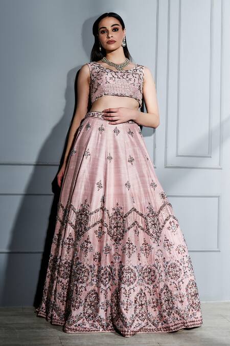 Sammohi By Moksha And Hiral Pink Silk, Tulle Crystals Round Neck Hand Embroidered Bridal Lehenga Set Online at Aza Fashions Sammohi By Moksha And Hiral_Pink Silk, Tulle Crystals Round Neck Hand Embroidered Bridal Lehenga Set _Online_at_Aza_Fashions