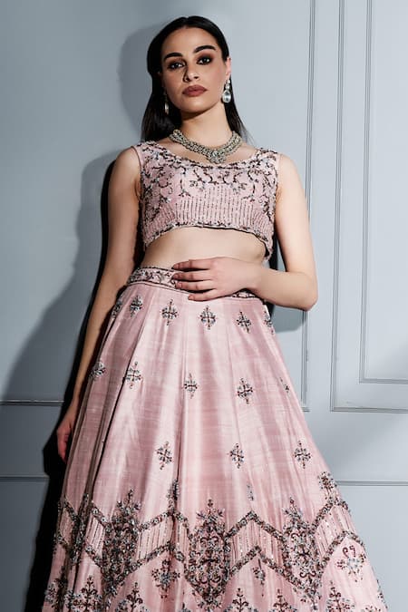 Buy Sammohi By Moksha And Hiral Pink Silk, Tulle Crystals Round Neck Hand Embroidered Bridal Lehenga Set Online at Aza Fashions Buy_Sammohi By Moksha And Hiral_Pink Silk, Tulle Crystals Round Neck Hand Embroidered Bridal Lehenga Set _Online_at_Aza_Fashions