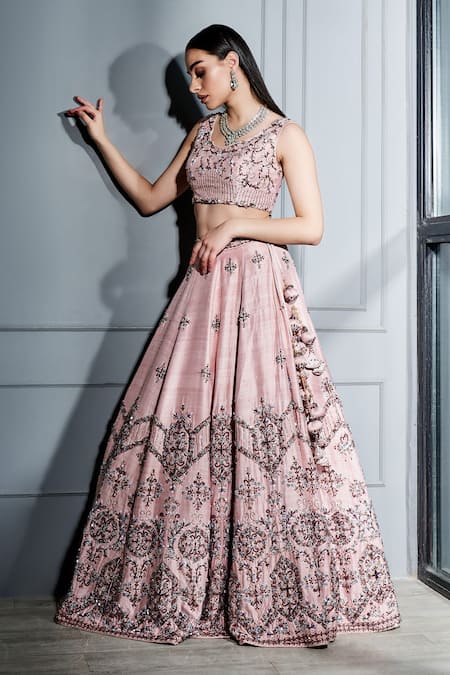Shop Sammohi By Moksha And Hiral Pink Silk, Tulle Crystals Round Neck Hand Embroidered Bridal Lehenga Set Online at Aza Fashions Shop_Sammohi By Moksha And Hiral_Pink Silk, Tulle Crystals Round Neck Hand Embroidered Bridal Lehenga Set _Online_at_Aza_Fashions