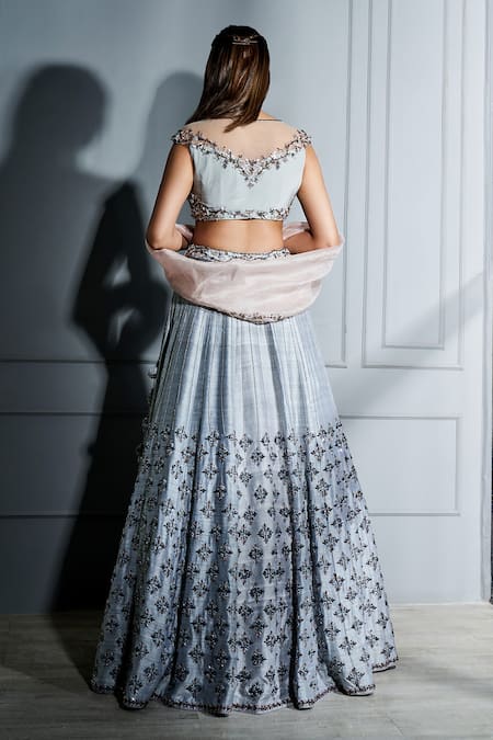 Shop Sammohi By Moksha And Hiral Grey , Organza Embroidery, Crystals Round Neck Blouse Lehenga Set at Aza Fashions Shop_Sammohi By Moksha And Hiral_Grey , Organza Embroidery, Crystals Round Neck Blouse Lehenga Set _at_Aza_Fashions