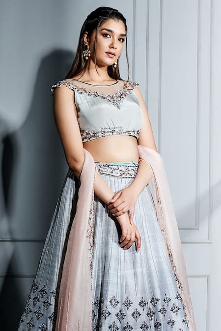 Sammohi By Moksha And Hiral Grey , Organza Embroidery, Crystals Round Neck Blouse Lehenga Set Online at Aza Fashions Sammohi By Moksha And Hiral_Grey , Organza Embroidery, Crystals Round Neck Blouse Lehenga Set _Online_at_Aza_Fashions