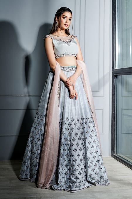 Buy Sammohi By Moksha And Hiral Grey , Organza Embroidery, Crystals Round Neck Blouse Lehenga Set Online at Aza Fashions Buy_Sammohi By Moksha And Hiral_Grey , Organza Embroidery, Crystals Round Neck Blouse Lehenga Set _Online_at_Aza_Fashions