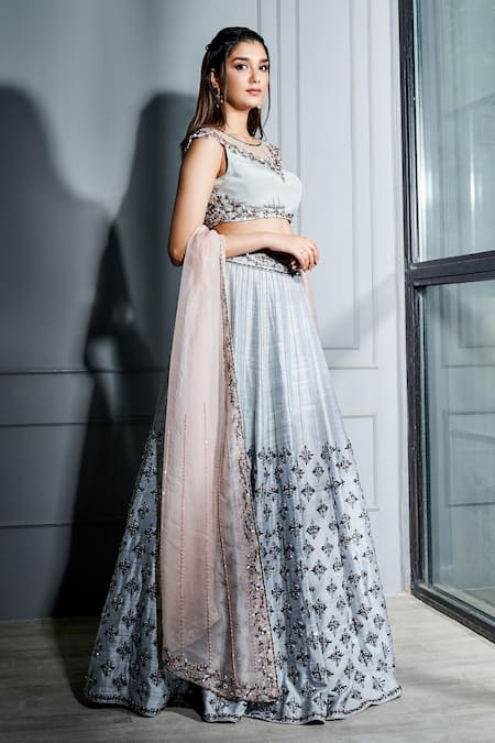 Shop Sammohi By Moksha And Hiral Grey , Organza Embroidery, Crystals Round Neck Blouse Lehenga Set Online at Aza Fashions Shop_Sammohi By Moksha And Hiral_Grey , Organza Embroidery, Crystals Round Neck Blouse Lehenga Set _Online_at_Aza_Fashions