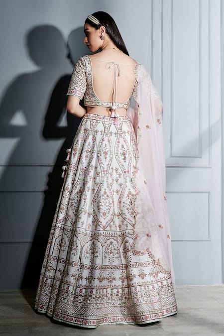 Shop Sammohi By Moksha And Hiral Ivory , Organza Embroidery Boat Neck Floral Blouse Bridal Lehenga Set at Aza Fashions Shop_Sammohi By Moksha And Hiral_Ivory , Organza Embroidery Boat Neck Floral Blouse Bridal Lehenga Set _at_Aza_Fashions